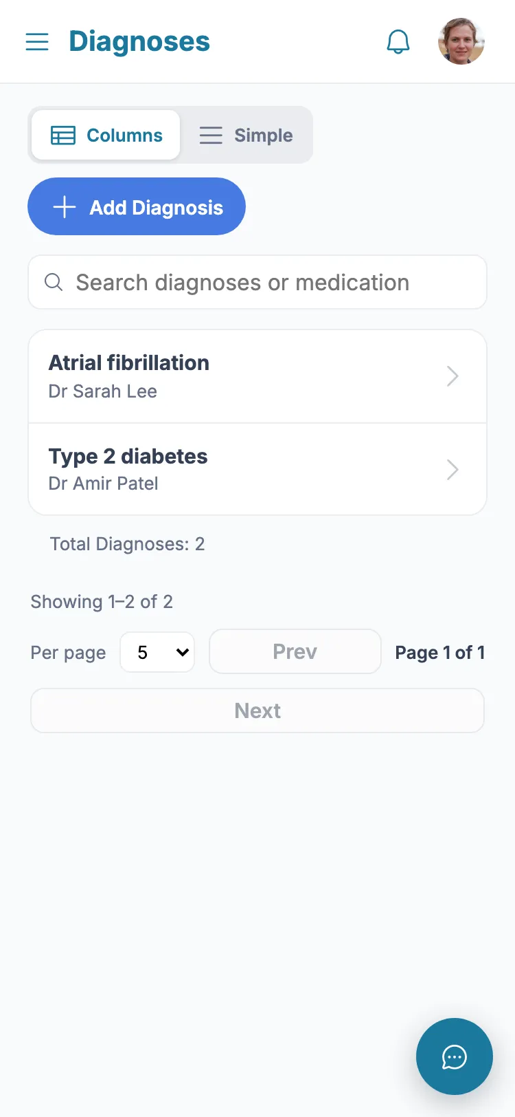 Add a diagnosis and its medication screenshot