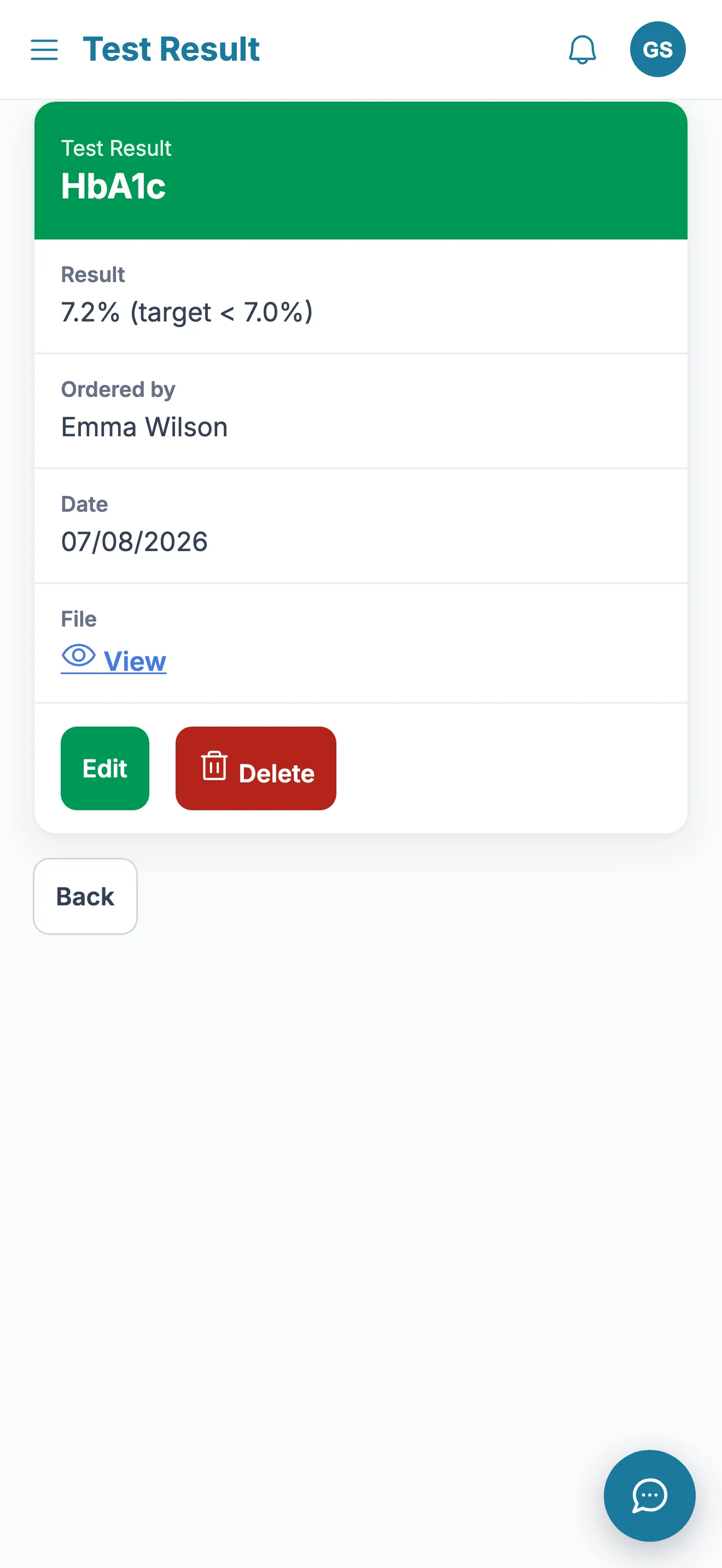 Test results screen